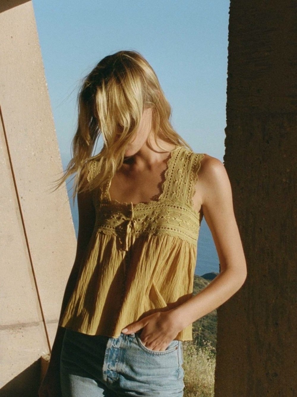 NEW DOEN Vera Lace Tank Top in Mustard yellow